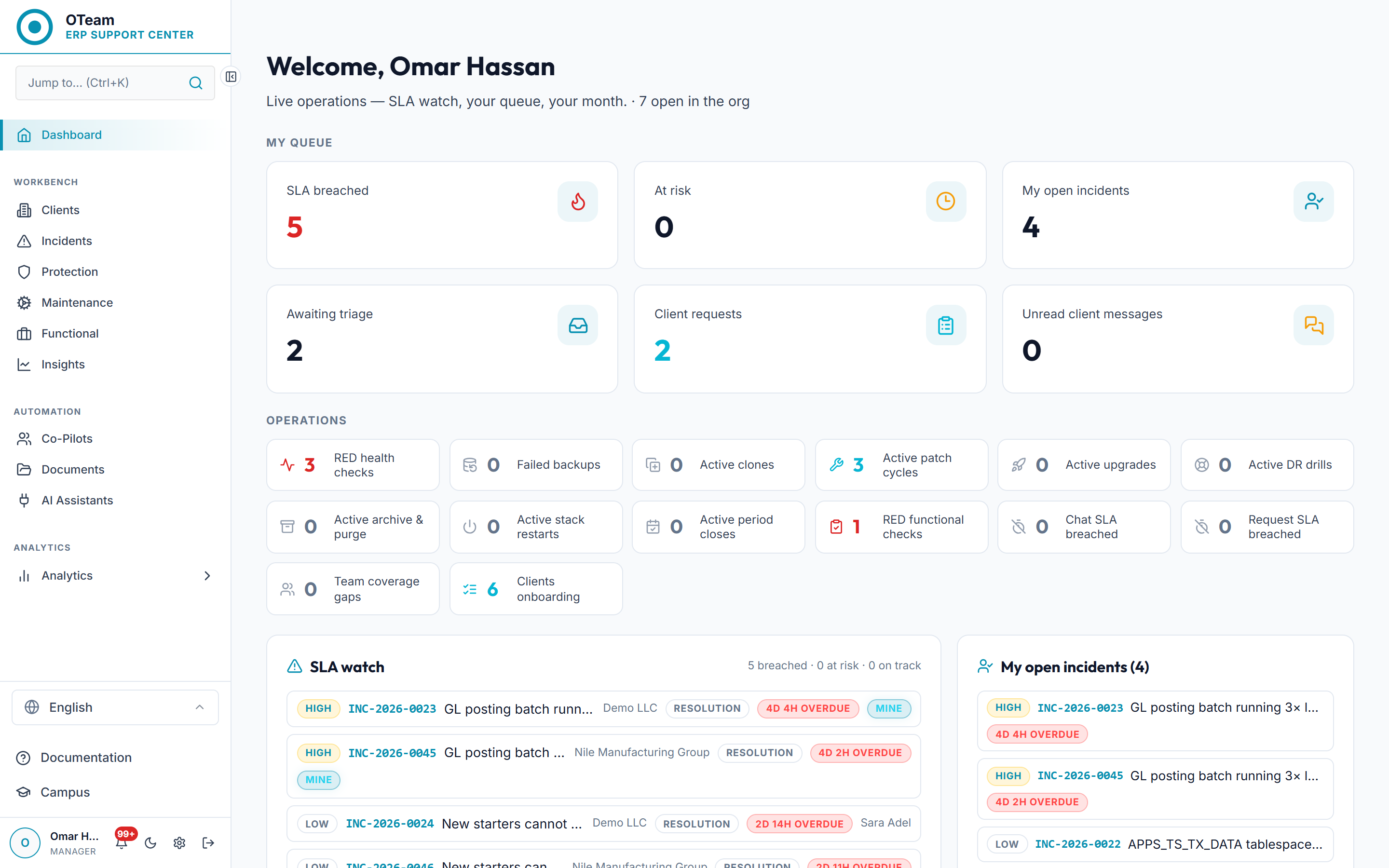 The OTeam engineering workbench showing the request queue, SLA watch and live operations
